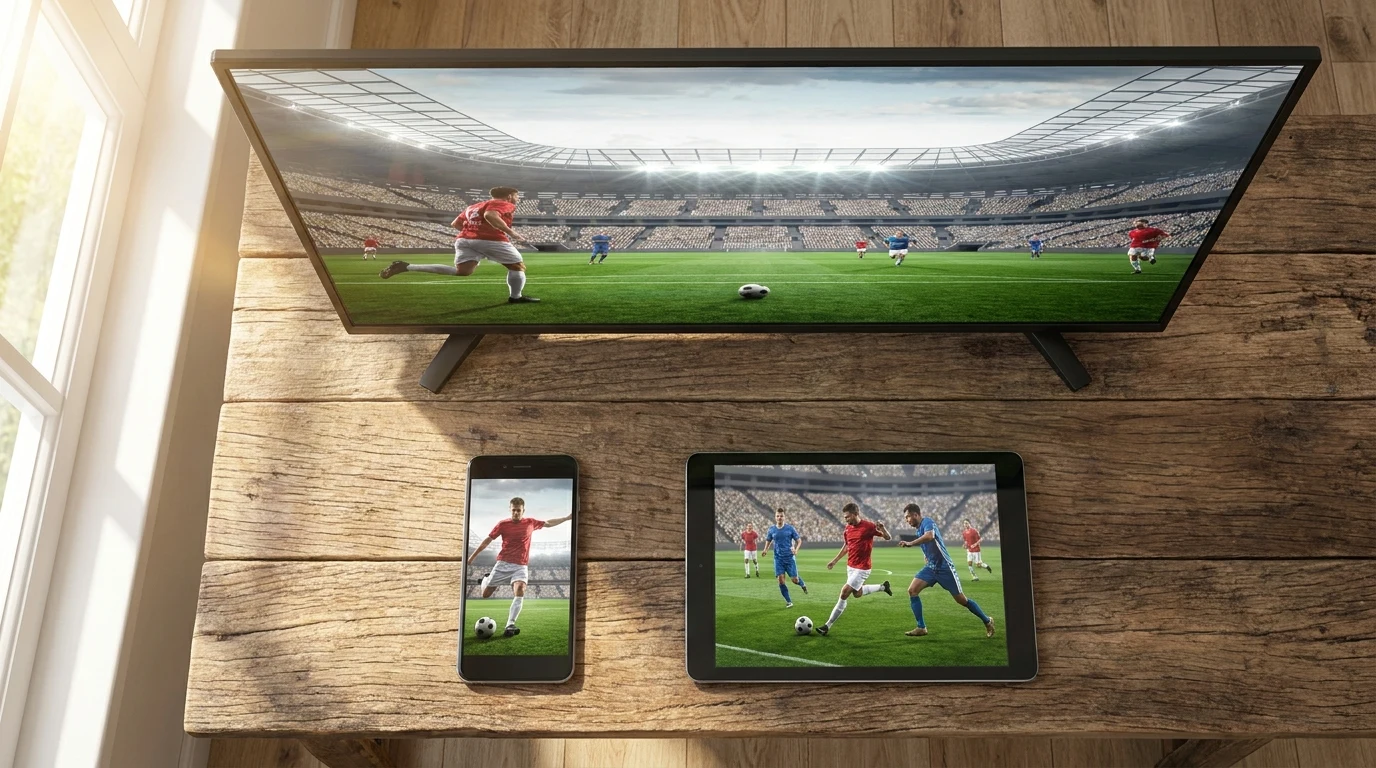 Multiplos dispositivos mostrando futebol ao vivo: Smart TV, smartphone e tablet