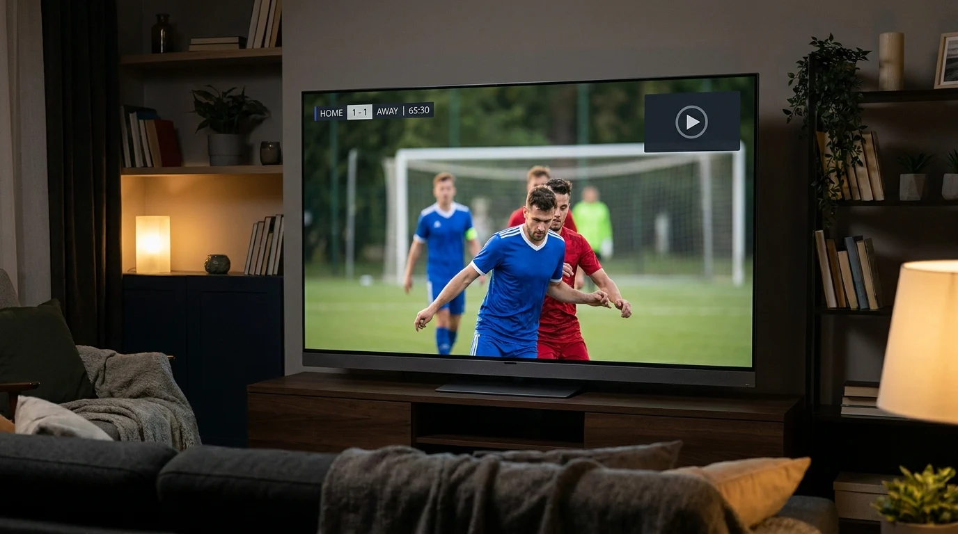 Tela de smart TV com transmissao de futebol ao vivo em alta definicao