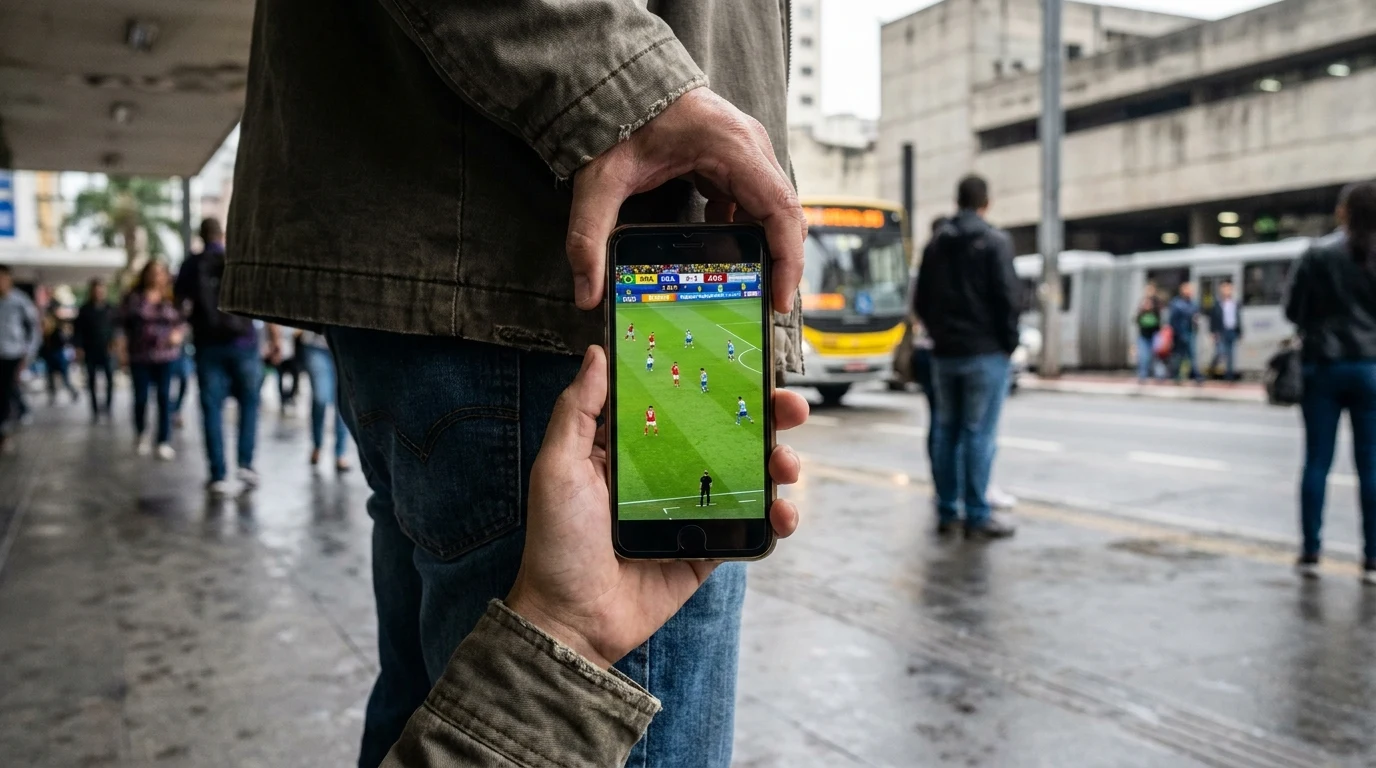 Torcedor assistindo futebol ao vivo no celular com aplicativo de streaming