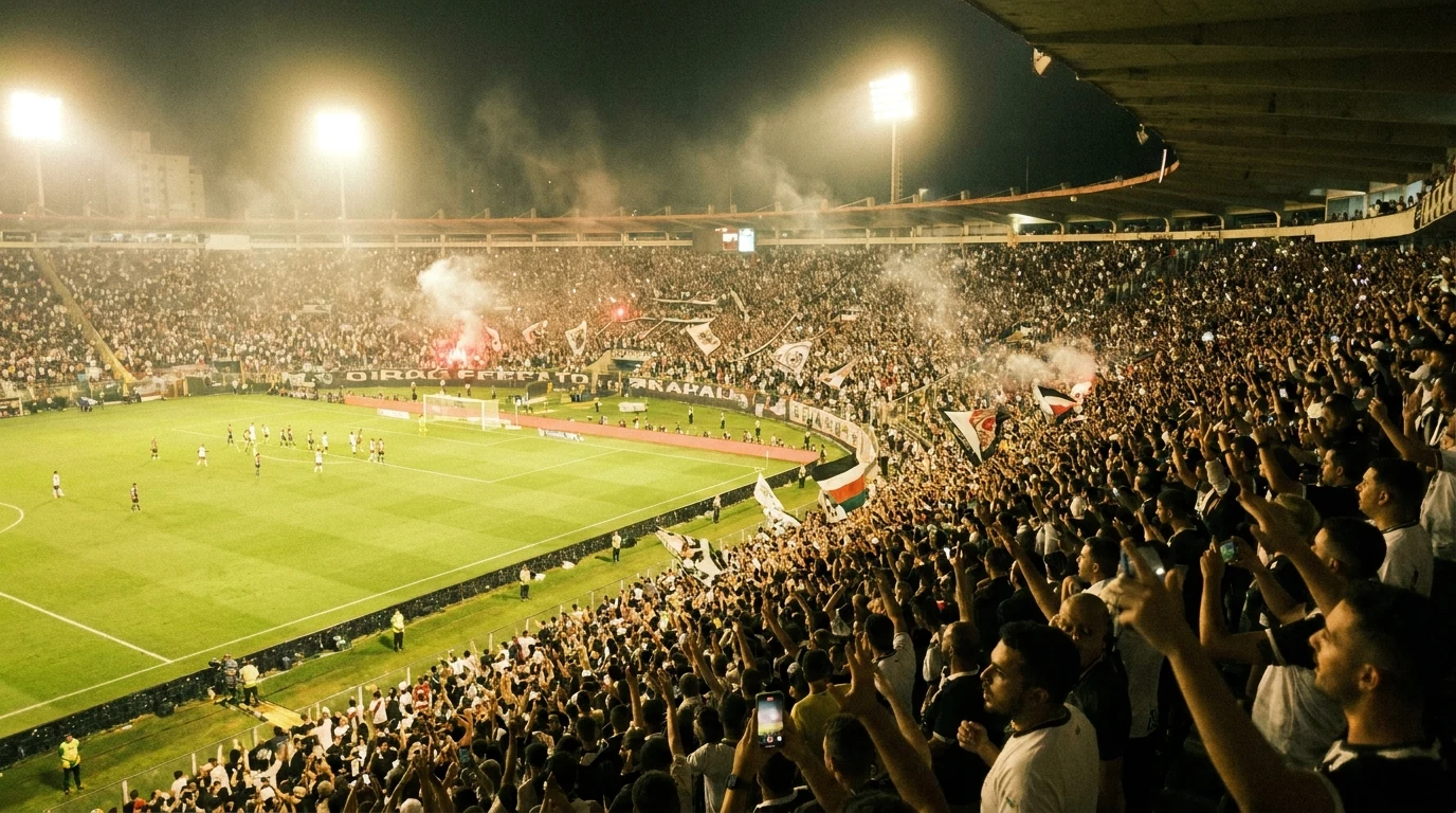 Estadio de futebol lotado com transmissao em tempo real no telao