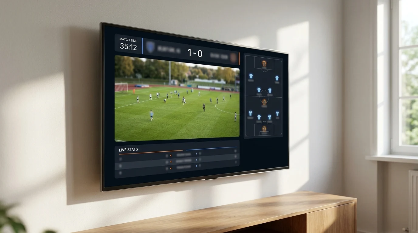 Interface de streaming de futebol ao vivo em smart TV mostrando escalar de times e placar ao vivo