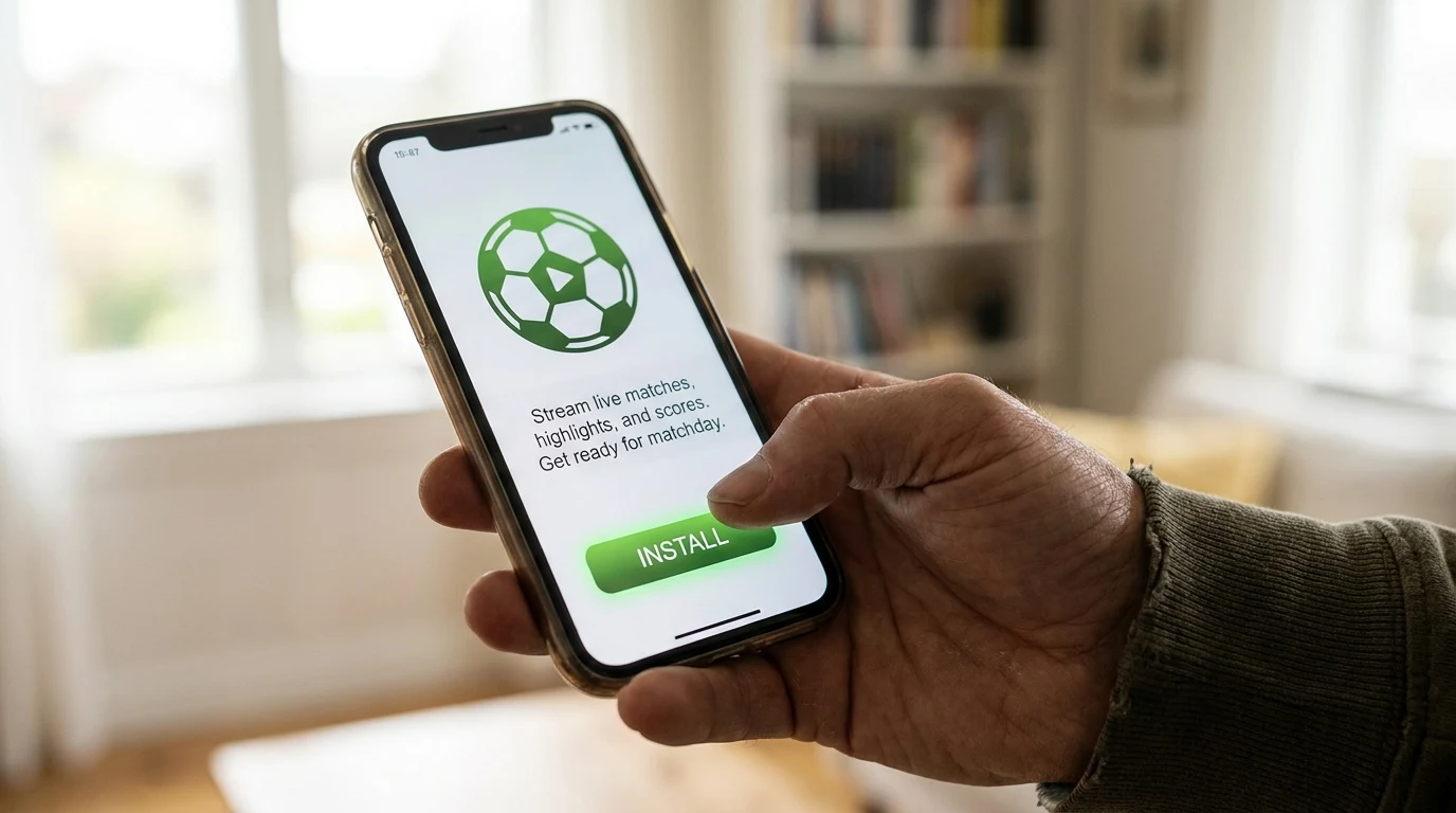 Tela de celular mostrando passos de configuracao de app de futebol ao vivo