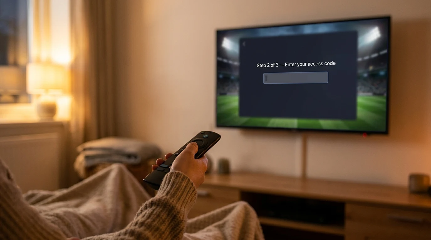 Mao segurando controle remoto em frente a Smart TV configurando app de futebol